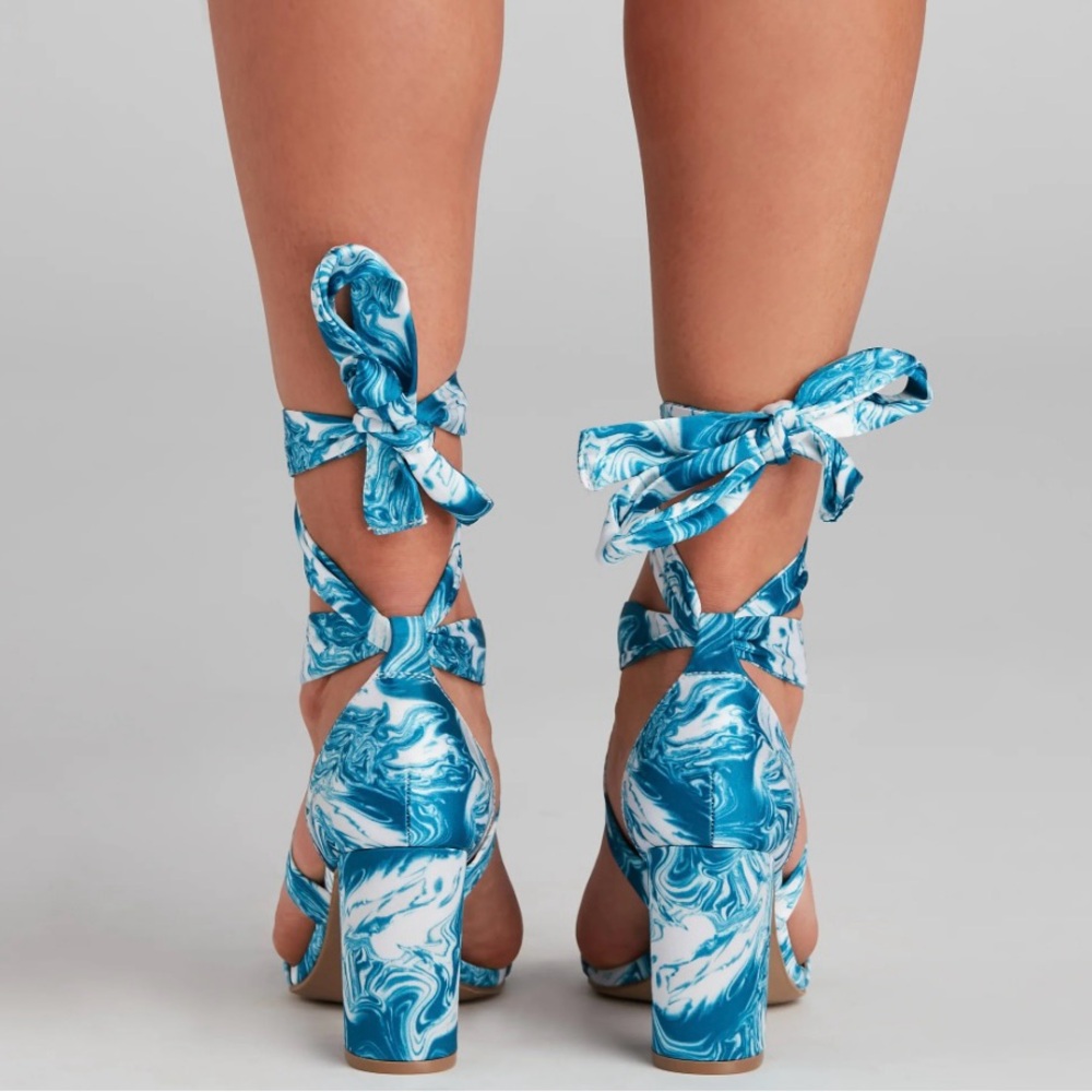 Wild Diva Satin Lace-Up Marble Block Heel Sandals - Picture 5 of 13
